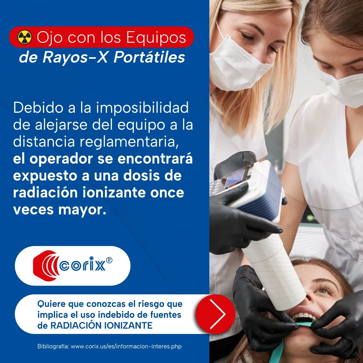 Imagen de equipo Corix que permite retroceder al tomar radiografía periapical cumpliendo normas de protección radiología rayos X.